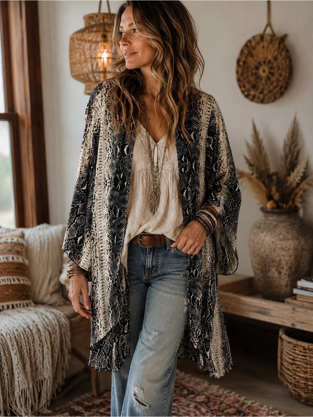 Lucky & Blessed Black and Cream Snake Print Open Front Cape